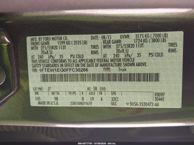 Продаж на аукціоні авто 2015 Ford F-150 Platinum, vin: 1FTEW1EG0FFC30286, номер лоту: 45717191
