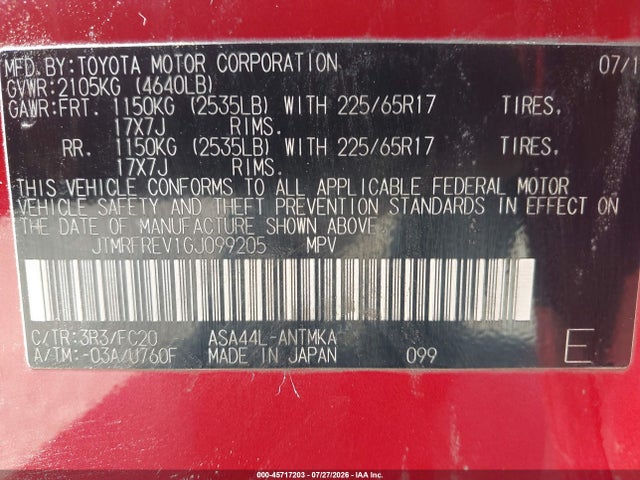 Aukcja sprzedaży 2016 Toyota Rav4 Xle, vin: JTMRFREV1GJ099205, numer aukcji: 45717203