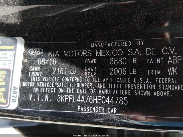 Продажа на аукционе авто 2017 Kia Forte S, vin: 3KPFL4A76HE044785, номер лота: 45717225
