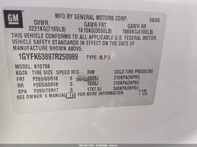 Aukcja sprzedaży 2007 Cadillac Escalade, vin: 1GYFK63897R250989, numer aukcji: 45717228