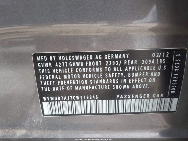 Aukcja sprzedaży 2012 Volkswagen Golf 2.5l 4-door, vin: WVWDB7AJ7CW249845, numer aukcji: 45717230