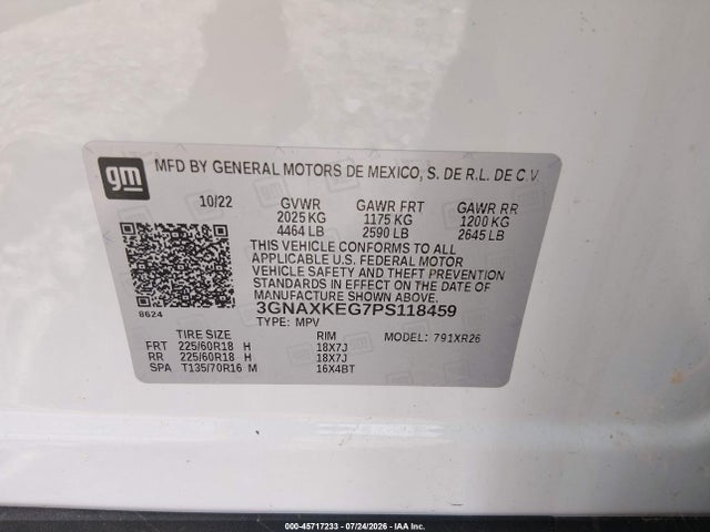 45717233 :رقم المزاد ، 3GNAXKEG7PS118459 vin ، 2023 Chevrolet Equinox Fwd Lt مزاد بيع