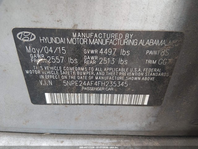 Продаж на аукціоні авто 2015 Hyundai Sonata Se, vin: 5NPE24AF4FH235345, номер лоту: 45717238