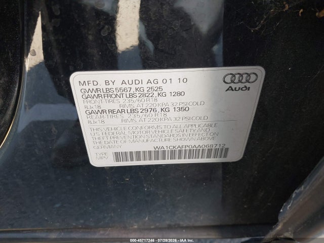 Aukcja sprzedaży 2010 Audi Q5 3.2 Premium, vin: WA1CKAFP0AA068712, numer aukcji: 45717246