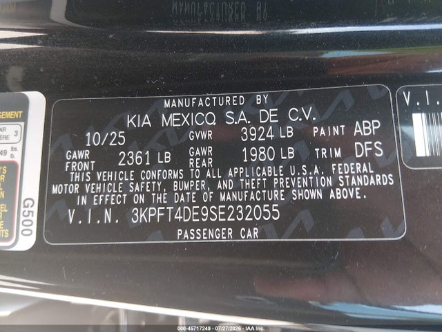 Aukcja sprzedaży 2025 Kia K4 Lxs, vin: 3KPFT4DE9SE232055, numer aukcji: 45717249