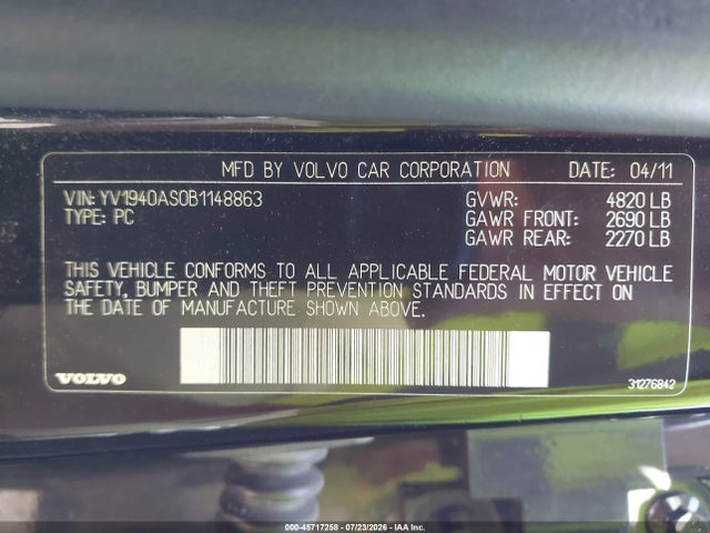 Aukcja sprzedaży 2011 Volvo S80 3.2, vin: YV1940AS0B1148863, numer aukcji: 45717258