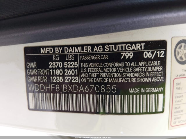 45717259 :رقم المزاد ، WDDHF8JBXDA670855 vin ، 2013 Mercedes-benz E 350 4matic مزاد بيع