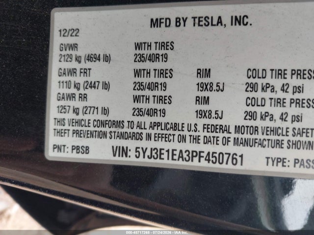 Продаж на аукціоні авто 2023 Tesla Model 3 Rear-wheel Drive, vin: 5YJ3E1EA3PF450761, номер лоту: 45717268