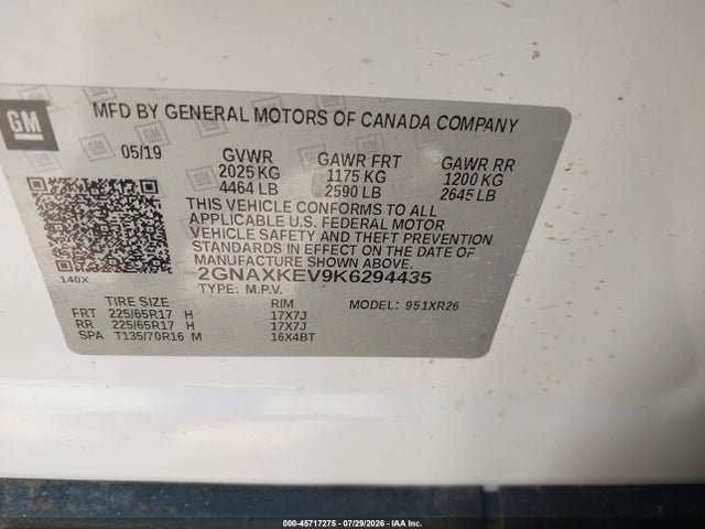 Продаж на аукціоні авто 2019 Chevrolet Equinox Lt, vin: 2GNAXKEV9K6294435, номер лоту: 45717275