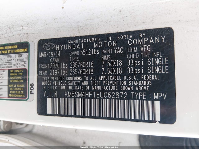 Продаж на аукціоні авто 2014 Hyundai Santa Fe Gls, vin: KM8SM4HF1EU062872, номер лоту: 45717293