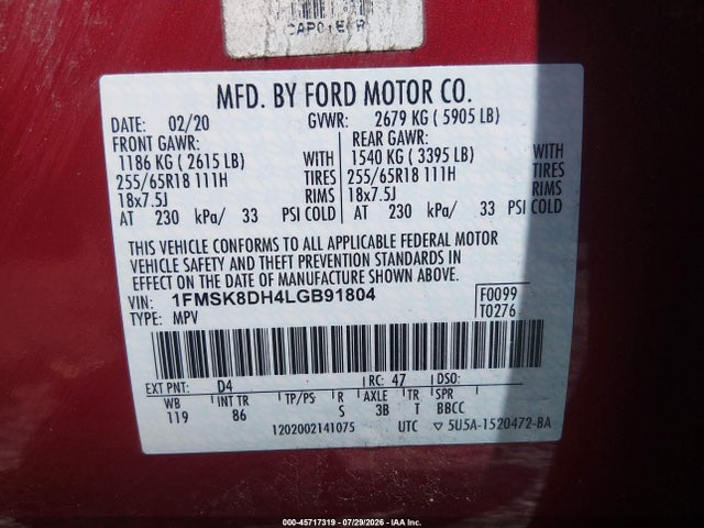 2020 Ford Explorer Xlt მანქანა იყიდება აუქციონზე, vin: 1FMSK8DH4LGB91804, აუქციონის ნომერი: 45717319