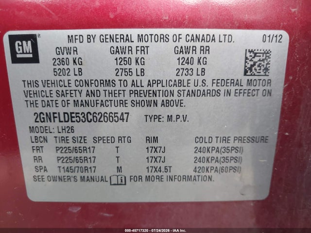 Продажа на аукционе авто 2012 Chevrolet Equinox Lt W/1lt, vin: 2GNFLDE53C6266547, номер лота: 45717320