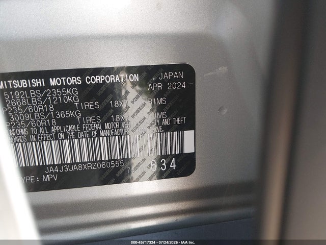 2024 Mitsubishi Outlander Es 2.5 2wd მანქანა იყიდება აუქციონზე, vin: JA4J3UA8XRZ060555, აუქციონის ნომერი: 45717324