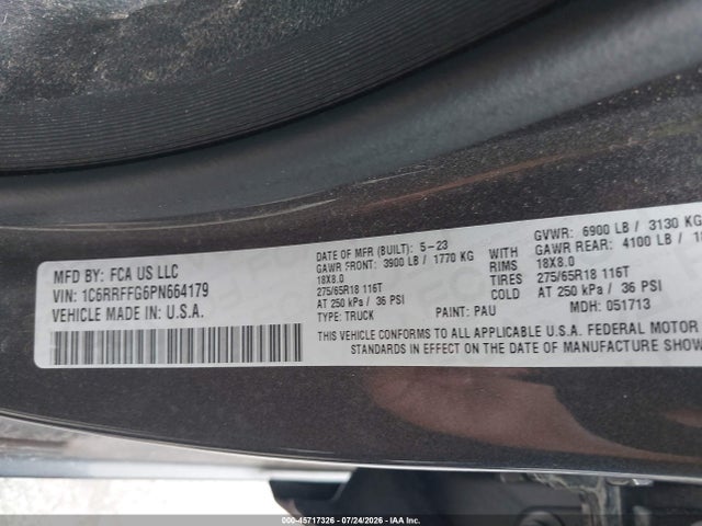 45717326 :رقم المزاد ، 1C6RRFFG6PN664179 vin ، 2023 Ram 1500 Big Horn  4x4 5'7 Box مزاد بيع