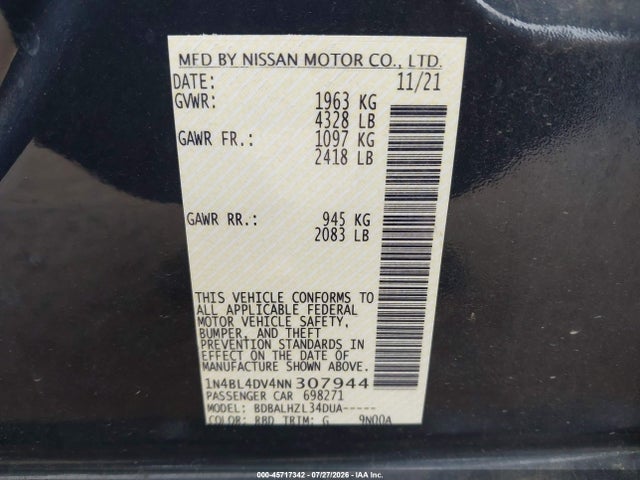 Продаж на аукціоні авто 2022 Nissan Altima Sv Fwd, vin: 1N4BL4DV4NN307944, номер лоту: 45717342
