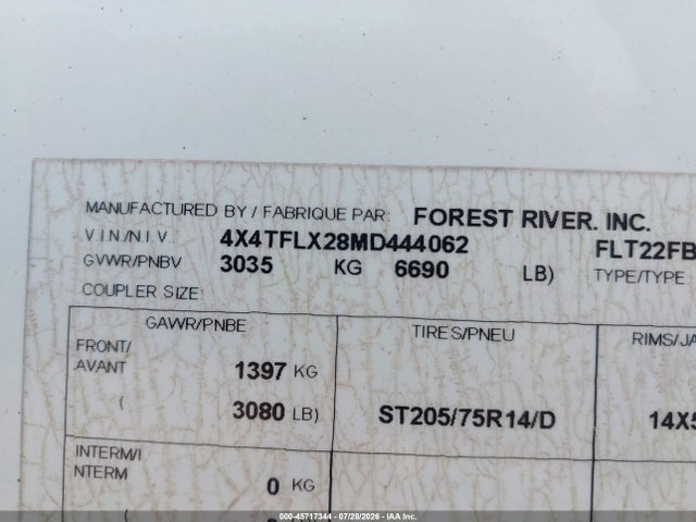 2021 Flagstaff Micro მანქანა იყიდება აუქციონზე, vin: 4X4TFLX28MD444062, აუქციონის ნომერი: 45717344