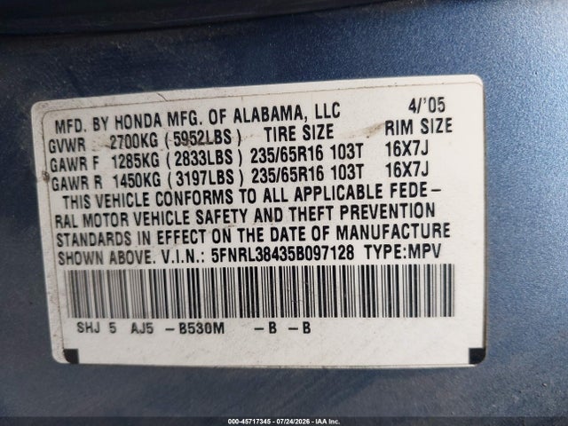 45717345 :رقم المزاد ، 5FNRL38435B097128 vin ، 2005 Honda Odyssey Ex مزاد بيع