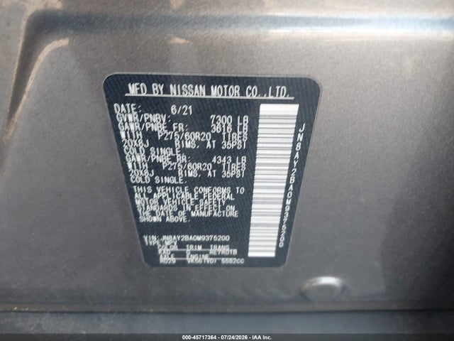 JN8AY2BA0M9375200 Nissan Armada Sl 2wd