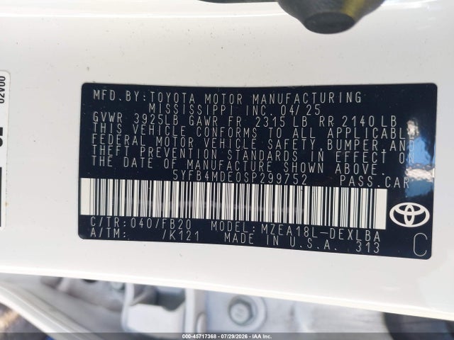 Aukcja sprzedaży 2025 Toyota Corolla Le, vin: 5YFB4MDE0SP299752, numer aukcji: 45717368
