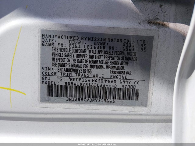 2024 Nissan Sentra Sv Xtronic Cvt მანქანა იყიდება აუქციონზე, vin: 3N1AB8CV0RY319165, აუქციონის ნომერი: 45717373