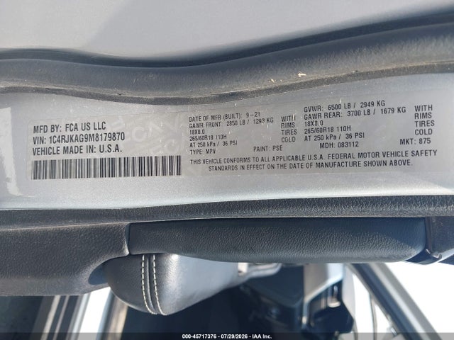 Продаж на аукціоні авто 2021 Jeep Grand Cherokee L Laredo 4x4, vin: 1C4RJKAG9M8179870, номер лоту: 45717376
