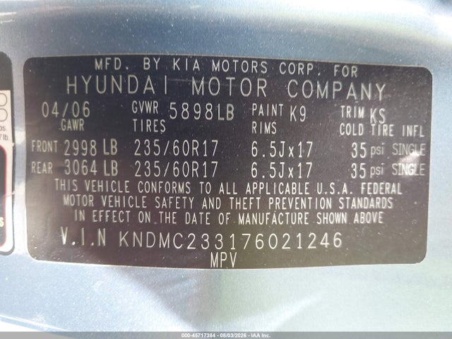 Продажа на аукционе авто 2007 Hyundai Entourage Gls/limited/se, vin: KNDMC233176021246, номер лота: 45717384