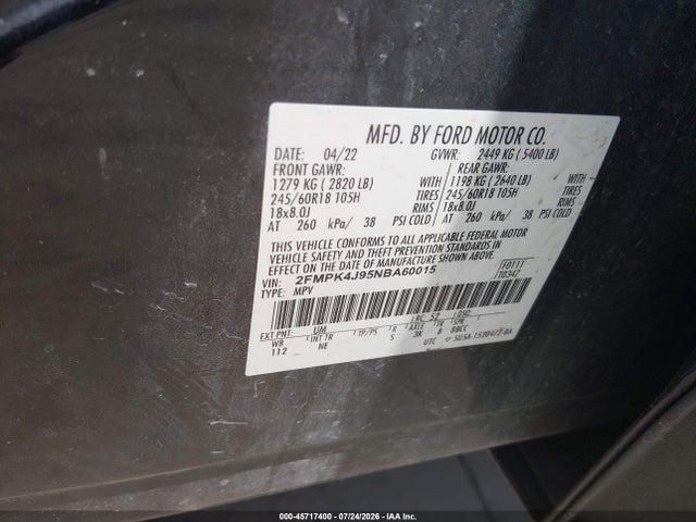 45717400 :رقم المزاد ، 2FMPK4J95NBA60015 vin ، 2022 Ford Edge Sel مزاد بيع