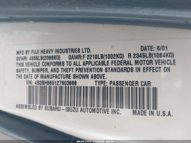 2002 Subaru Outback მანქანა იყიდება აუქციონზე, vin: 4S3BH665127603668, აუქციონის ნომერი: 45717415