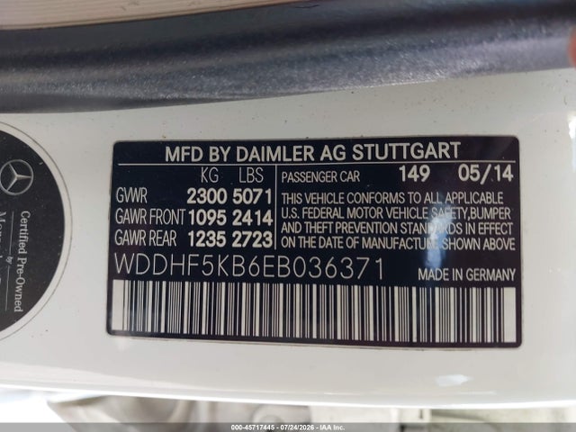 45717445 :رقم المزاد ، WDDHF5KB6EB036371 vin ، 2014 Mercedes-benz E 350 مزاد بيع