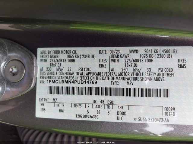 Продаж на аукціоні авто 2023 Ford Escape St-line, vin: 1FMCU9MN4PUB14769, номер лоту: 45717455
