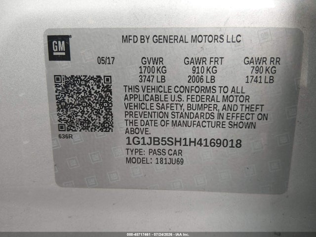 Продажа на аукционе авто 2017 Chevrolet Sonic Ls Auto, vin: 1G1JB5SH1H4169018, номер лота: 45717461