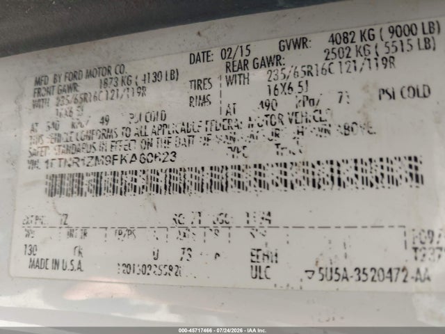 45717466 :رقم المزاد ، 1FTNR1ZM9FKA60623 vin ، 2015 Ford Transit-250 مزاد بيع