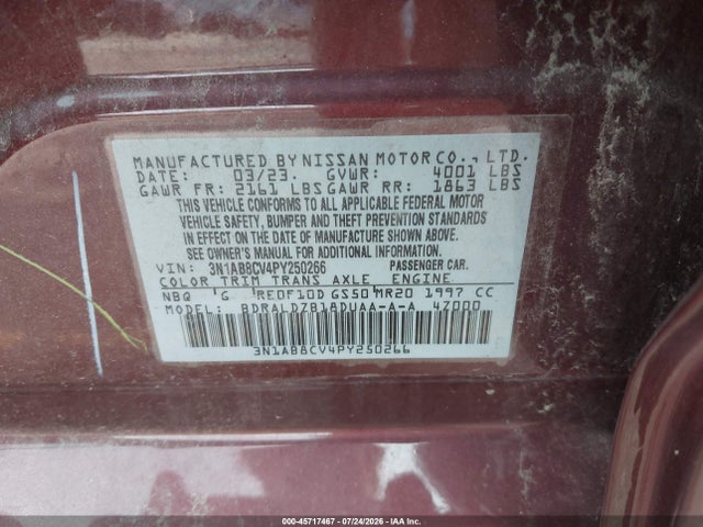 2023 Nissan Sentra Sv Xtronic Cvt მანქანა იყიდება აუქციონზე, vin: 3N1AB8CV4PY250266, აუქციონის ნომერი: 45717467
