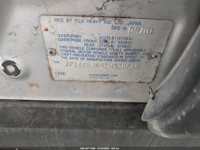 Aukcja sprzedaży 2002 Subaru Forester L, vin: JF1SF63592H738584, numer aukcji: 45717469