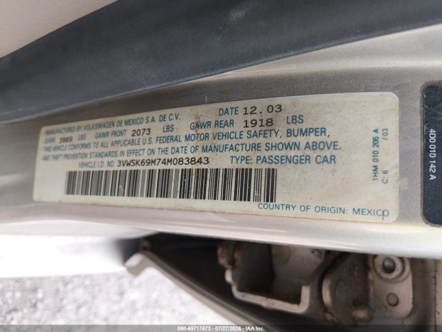 Продажа на аукционе авто 2004 Volkswagen Jetta Gls 2.0l, vin: 3VWSK69M74M083843, номер лота: 45717473
