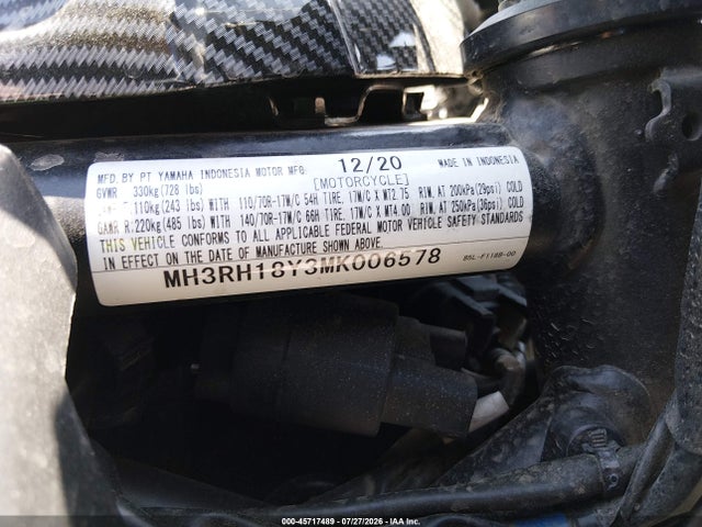Продажа на аукционе авто 2021 Yamaha Yzfr3 A, vin: MH3RH18Y3MK006578, номер лота: 45717489