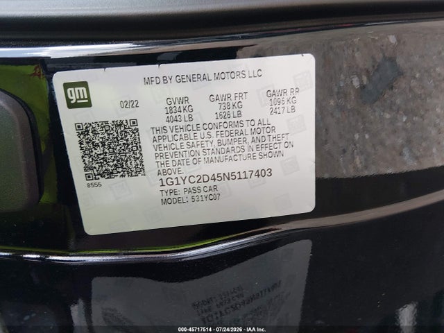 Продаж на аукціоні авто 2022 Chevrolet Corvette Stingray Rwd  3lt, vin: 1G1YC2D45N5117403, номер лоту: 45717514