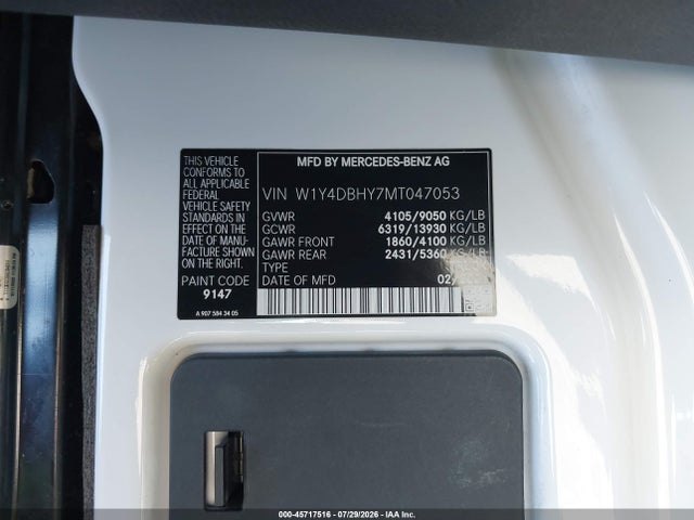Aukcja sprzedaży 2021 Mercedes-benz Sprinter 2500 Standard Roof I4 Diesel, vin: W1Y4DBHY7MT047053, numer aukcji: 45717516