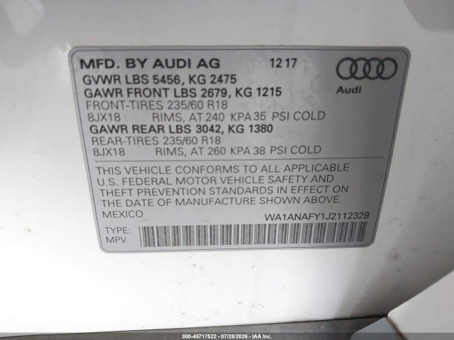 Продажа на аукционе авто 2018 Audi Q5 2.0t Premium/2.0t Tech Premium, vin: WA1ANAFY1J2112329, номер лота: 45717522