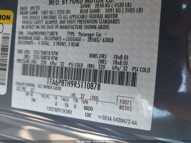 Продаж на аукціоні авто 2024 Ford Mustang Ecoboost Fastback, vin: 1FA6P8TH9R5110878, номер лоту: 45717523