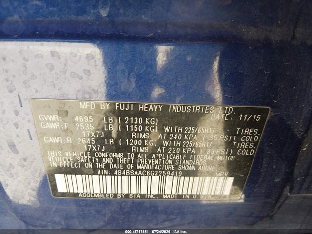 Aukcja sprzedaży 2016 Subaru Outback 2.5i, vin: 4S4BSAAC6G3259419, numer aukcji: 45717551