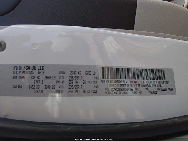 Aukcja sprzedaży 2019 Chrysler Pacifica Touring L Plus, vin: 2C4RC1EG1KR714822, numer aukcji: 45717560