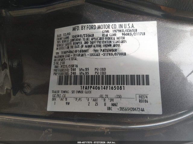 45717570 :رقم المزاد ، 1FAFP40614F165081 vin ، 2004 Ford Mustang مزاد بيع