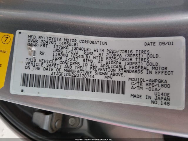 Aukcja sprzedaży 2002 Lexus Rx 300, vin: JTJGF10U220120744, numer aukcji: 45717576
