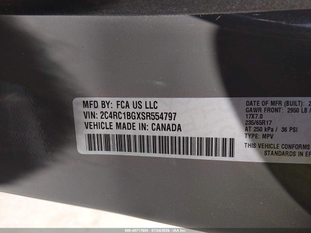 Aukcja sprzedaży 2025 Chrysler Pacifica Select, vin: 2C4RC1BGXSR554797, numer aukcji: 45717605