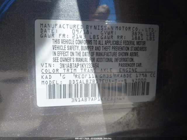 Nissan SENTRA S 2019 3N1AB7AP1KY233464 Image 9