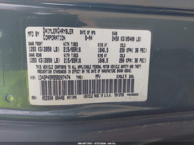 Продажа на аукционе авто 2005 Dodge Caravan Sxt, vin: 1D4GP45R55B207474, номер лота: 45717631