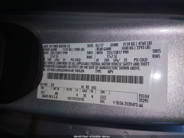 Ford ESCAPE SE 2017 1FMCU9GD8HUE18529 Image 9