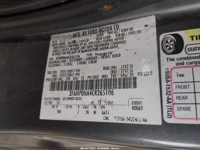 45717675 :رقم المزاد ، 3FAHP0HA4CR265106 vin ، 2012 Ford Fusion Se مزاد بيع