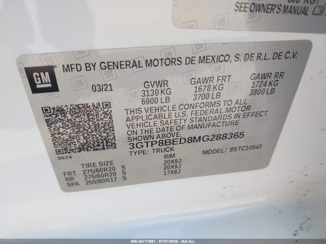 45717697 :رقم المزاد ، 3GTP8BED8MG288365 vin ، 2021 Gmc Sierra 1500 2wd  Short Box Sle مزاد بيع